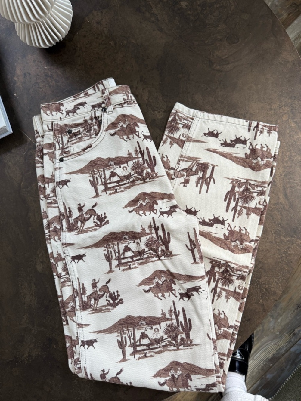 Reformation Men's Corduroy Pants in Cream and Brown Western Print